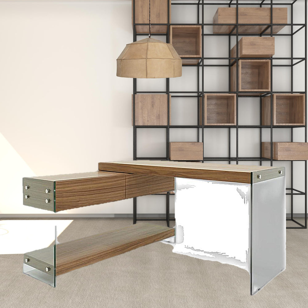 Homeroots 55" Walnut And Glass L Shape Writing Office Desk   482425