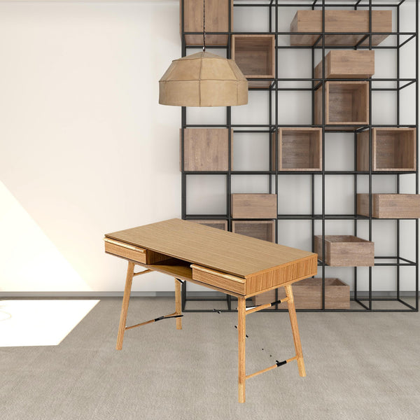 Homeroots 48" Oak Modern Rectangular Writing Desk With Two Drawers   482426