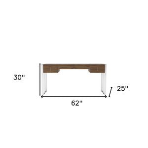 Homeroots 62" Brown And Silver Writing Desk With Four Drawers   482430