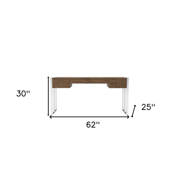 Homeroots 62" Brown And Silver Writing Desk With Four Drawers   482430