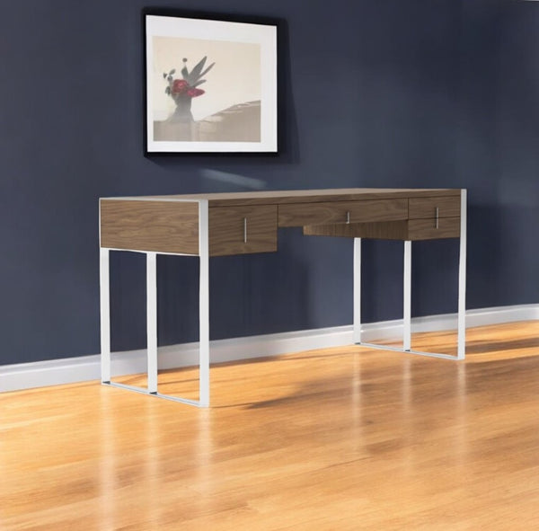 Homeroots 62" Brown And Silver Writing Desk With Four Drawers   482430