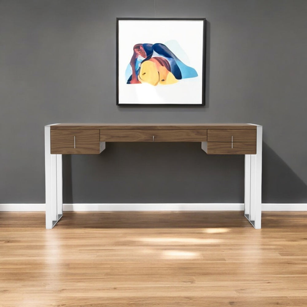 Homeroots 62" Brown And Silver Writing Desk With Four Drawers   482430