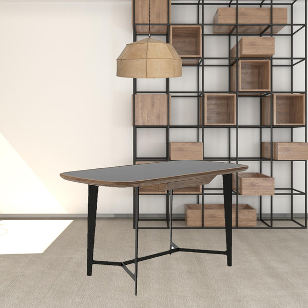 Homeroots 55" Walnut And Black Glass Rectangular Writing Desk   482431