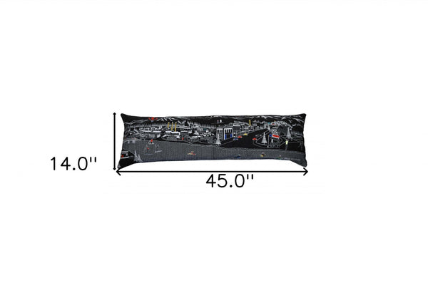 HomeRoots 46" Black Bend Nighttime Skyline Lumbar Pillow - Artisanal Embroidery, Comfort & Unique Gift Idea 482438