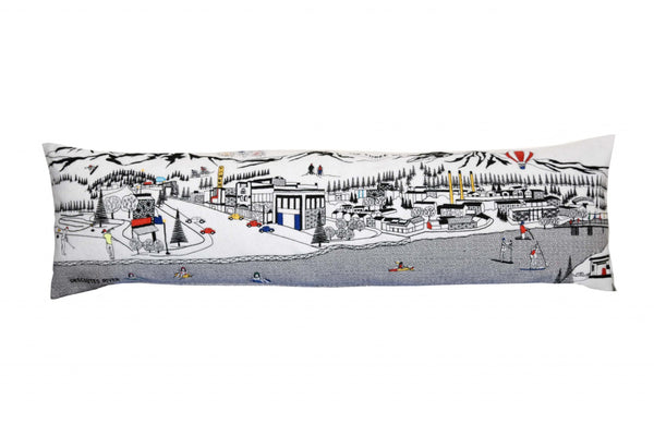 HomeRoots 46" White Bend Skyline Lumbar Pillow - Artisanal Embroidery, Modern Design, Perfect for Home Decor! 482439