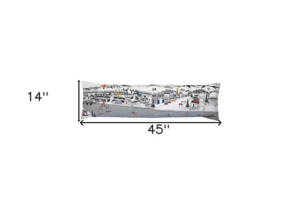 HomeRoots 46" White Bend Skyline Lumbar Pillow - Artisanal Embroidery, Modern Design, Perfect for Home Decor! 482439
