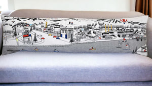 HomeRoots 46" White Bend Skyline Lumbar Pillow - Artisanal Embroidery, Modern Design, Perfect for Home Decor! 482439