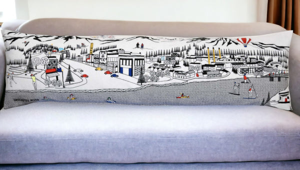 HomeRoots 46" White Bend Skyline Lumbar Pillow - Artisanal Embroidery, Modern Design, Perfect for Home Decor! 482439