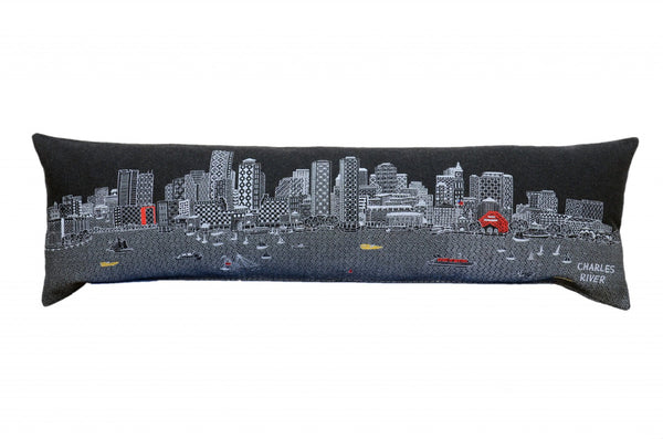HomeRoots 14" Urban Charm Black Gray Wool Lumbar Pillow with Boston Cityscape - Cozy Support & Style 482440