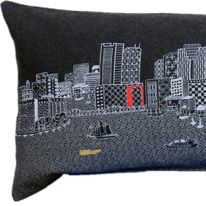 HomeRoots 14" Urban Charm Black Gray Wool Lumbar Pillow with Boston Cityscape - Cozy Support & Style 482440
