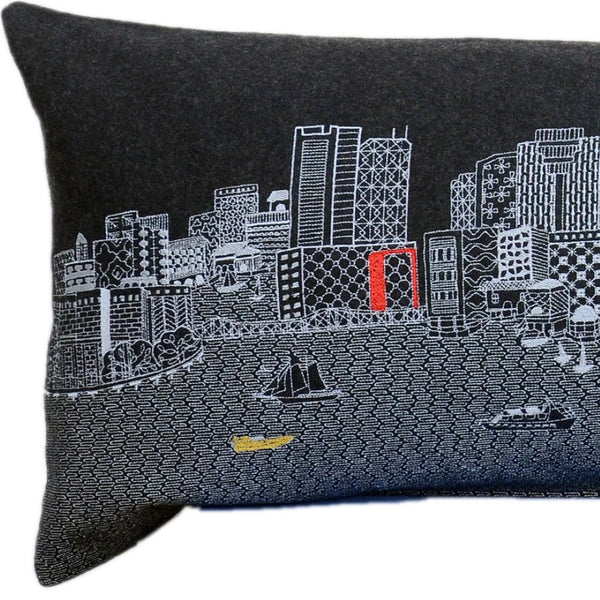 HomeRoots 14" Urban Charm Black Gray Wool Lumbar Pillow with Boston Cityscape - Cozy Support & Style 482440