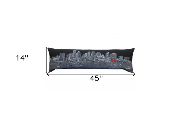 HomeRoots 14" Urban Charm Black Gray Wool Lumbar Pillow with Boston Cityscape - Cozy Support & Style 482440