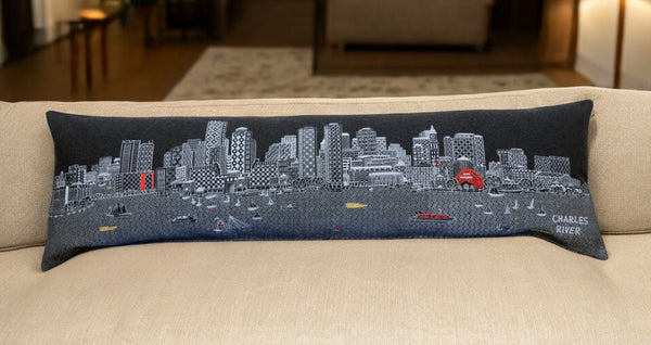 HomeRoots 14" Urban Charm Black Gray Wool Lumbar Pillow with Boston Cityscape - Cozy Support & Style 482440