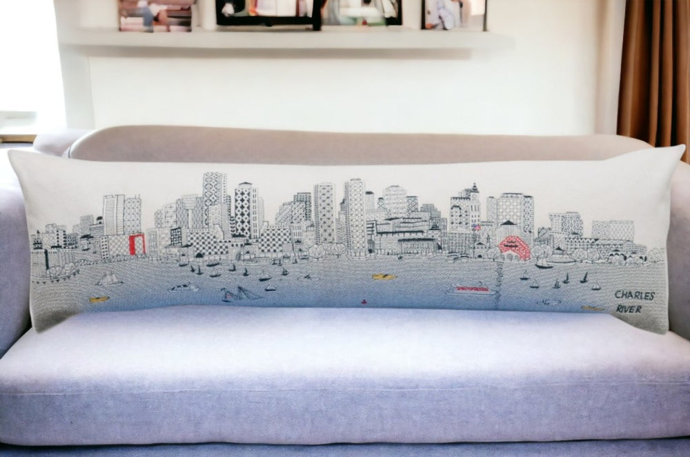 HomeRoots 46" Boston Daylight Skyline Lumbar Pillow - Urban Charm with Embroidered Cityscape, Perfect Gift! 482441