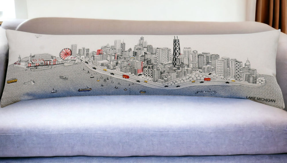 HomeRoots 46" White Chicago Skyline Lumbar Pillow - Stylish Supportive Decor for Home, Office & Gift Ideas 482443