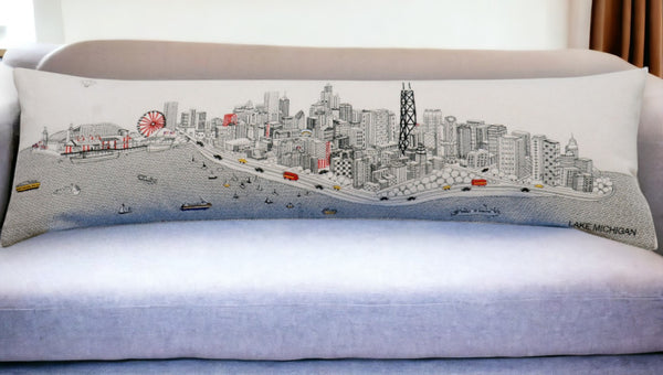 HomeRoots 46" White Chicago Skyline Lumbar Pillow - Stylish Supportive Decor for Home, Office & Gift Ideas 482443