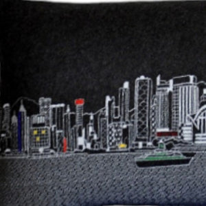 HomeRoots 14" Wool Lumbar Pillow with Urban Skyline, Durable Black Gray White Accent for Home Decor & Support 482446