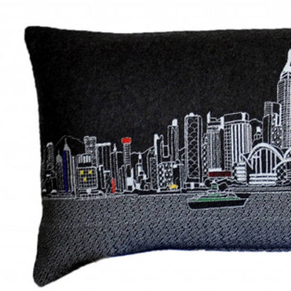 HomeRoots 14" Wool Lumbar Pillow with Urban Skyline, Durable Black Gray White Accent for Home Decor & Support 482446