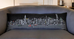 HomeRoots 14" Wool Lumbar Pillow with Urban Skyline, Durable Black Gray White Accent for Home Decor & Support 482446