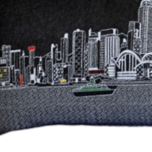 HomeRoots 14" Wool Lumbar Pillow with Urban Skyline, Durable Black Gray White Accent for Home Decor & Support 482446