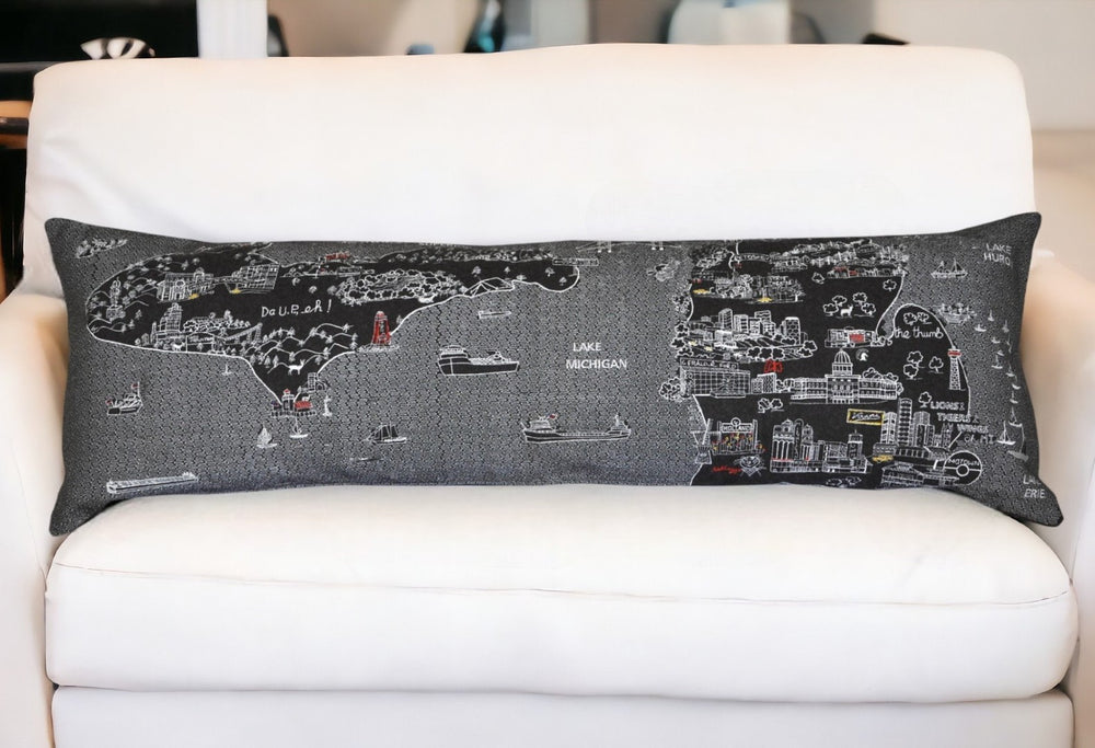 HomeRoots 46" Black Michigan Skyline Lumbar Pillow - Stylish, Supportive Decor for Home & Cottage Enthusiasts! 482450