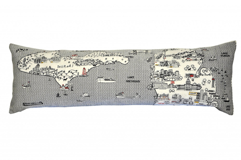 HomeRoots 46" Michigan Skyline Decorative Lumbar Pillow - Stylish Support with Embroidered Lakeside Design 482451