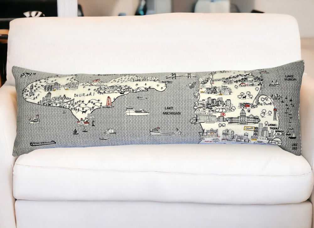 HomeRoots 46" Michigan Skyline Decorative Lumbar Pillow - Stylish Support with Embroidered Lakeside Design 482451