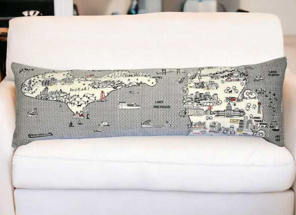 HomeRoots 46" Michigan Skyline Decorative Lumbar Pillow - Stylish Support with Embroidered Lakeside Design 482451
