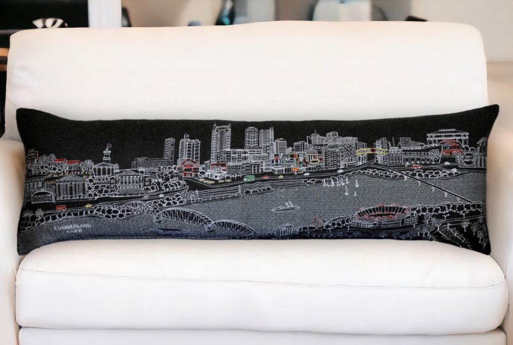 HomeRoots 46" Black Nashville Nighttime Skyline Lumbar Pillow - Modern, Whimsical Cityscape for Comfort & Style! 482452