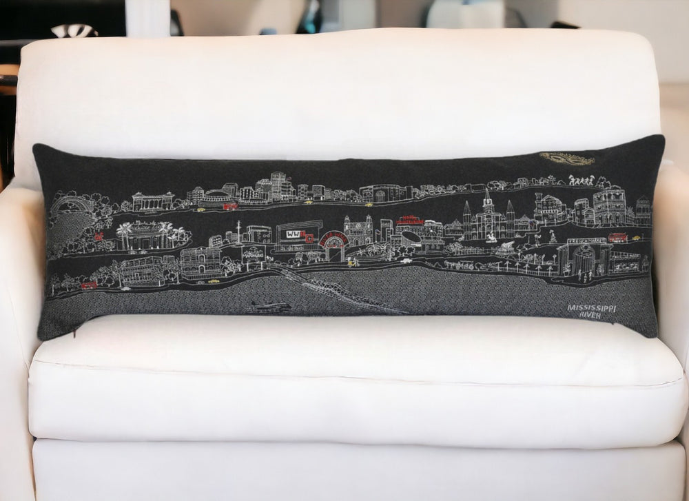 HomeRoots 46" Black New Orleans Skyline Lumbar Pillow - Stylish Supportive Decor with Iconic City Charm & Color 482454