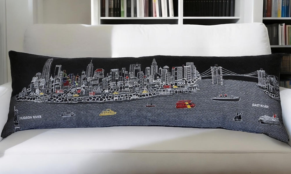HomeRoots 46" Black NYC Nighttime Skyline Lumbar Pillow - Chic, Supportive Decor for Home & Office Spaces 482456