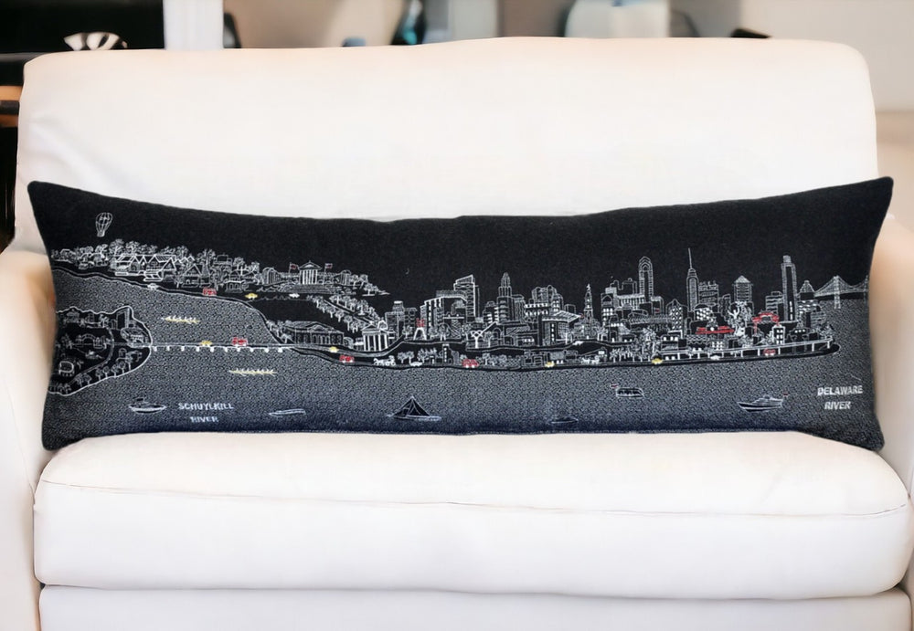 HomeRoots 46" Black Philadelphia Nighttime Skyline Lumbar Pillow - Stylish Support & Iconic City Decor Gift 482458