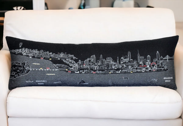 HomeRoots 46" Black Philadelphia Nighttime Skyline Lumbar Pillow - Stylish Support & Iconic City Decor Gift 482458