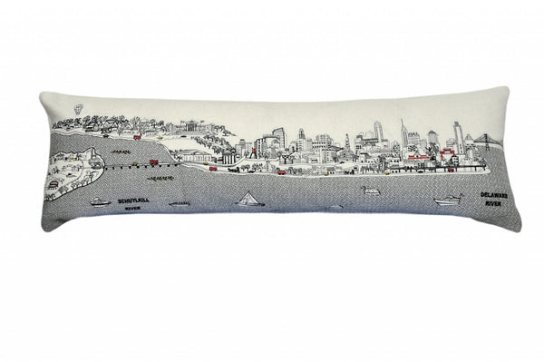 HomeRoots 46" White Philadelphia Skyline Lumbar Pillow - Chic Embroidered Cityscape Decor & Comfort Gift 482459