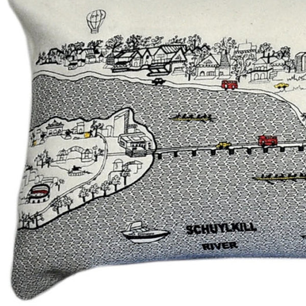 HomeRoots 46" White Philadelphia Skyline Lumbar Pillow - Chic Embroidered Cityscape Decor & Comfort Gift 482459