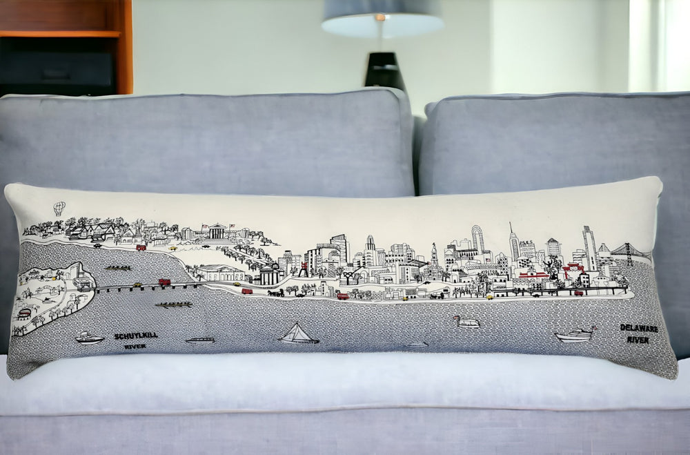 HomeRoots 46" White Philadelphia Skyline Lumbar Pillow - Chic Embroidered Cityscape Decor & Comfort Gift 482459