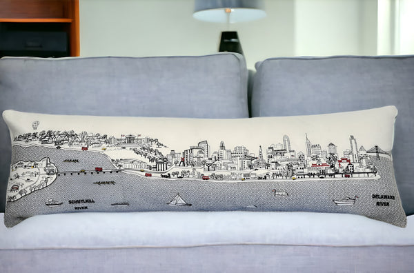 HomeRoots 46" White Philadelphia Skyline Lumbar Pillow - Chic Embroidered Cityscape Decor & Comfort Gift 482459