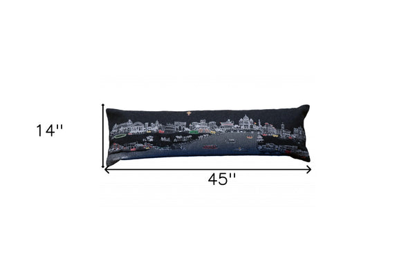 HomeRoots 46" Black Rome Skyline Lumbar Pillow - Exquisite Embroidery, Elegant Back Support & Chic Decor Accent 482462