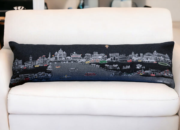 HomeRoots 46" Black Rome Skyline Lumbar Pillow - Exquisite Embroidery, Elegant Back Support & Chic Decor Accent 482462