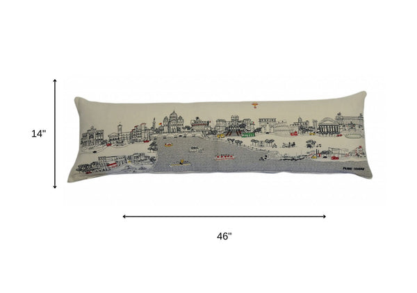 HomeRoots 46" White Rome Daylight Skyline Embroidered Lumbar Pillow - Elegant Support & Timeless Charm 482463