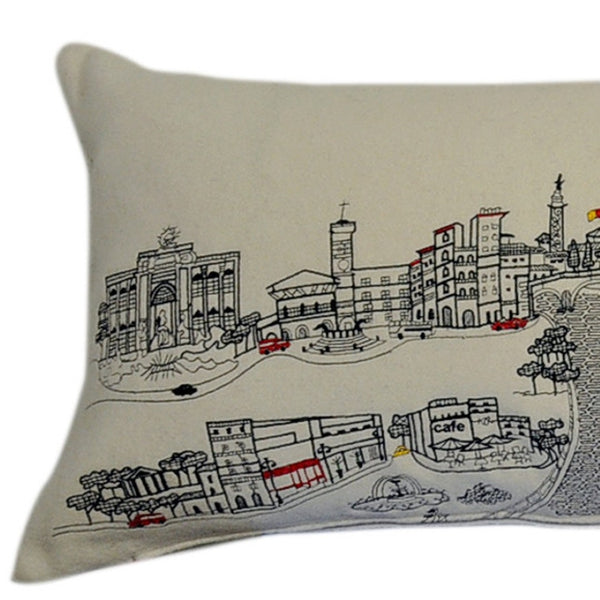 HomeRoots 46" White Rome Daylight Skyline Embroidered Lumbar Pillow - Elegant Support & Timeless Charm 482463