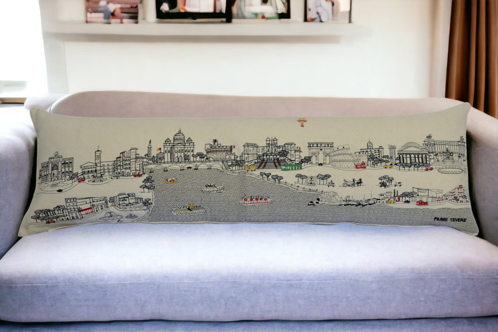 HomeRoots 46" White Rome Daylight Skyline Embroidered Lumbar Pillow - Elegant Support & Timeless Charm 482463