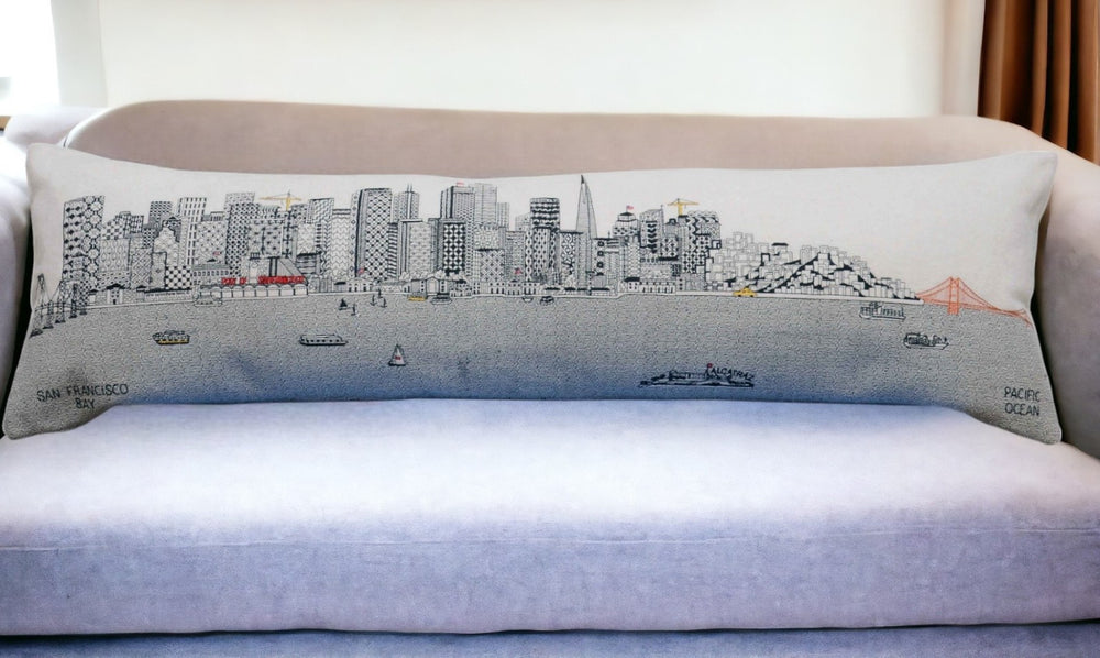 HomeRoots 46" White San Francisco Skyline Lumbar Pillow - Elegant Cityscape Accent for Modern Decor & Comfort 482465