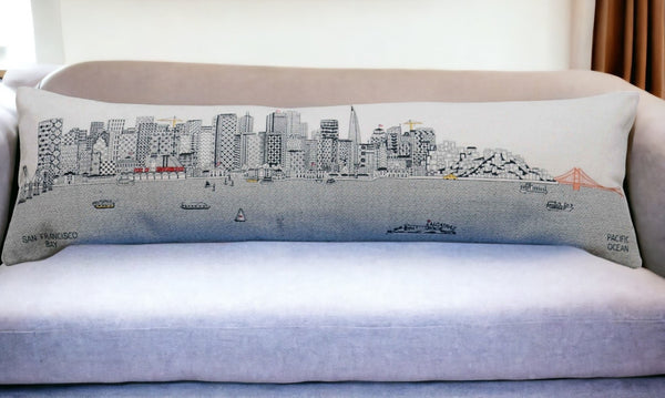 HomeRoots 46" White San Francisco Skyline Lumbar Pillow - Elegant Cityscape Accent for Modern Decor & Comfort 482465