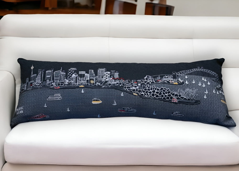 HomeRoots 46" Black Sydney Skyline Lumbar Pillow – Stylish Embroidered Decor for Comfort & Modern Elegance 482468