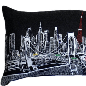 HomeRoots 46" Black Tokyo Nighttime Skyline Lumbar Pillow - Elegant Embroidered Home Décor for Chic Living Spaces 482470