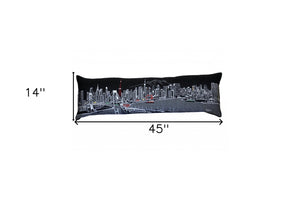 HomeRoots 46" Black Tokyo Nighttime Skyline Lumbar Pillow - Elegant Embroidered Home Décor for Chic Living Spaces 482470