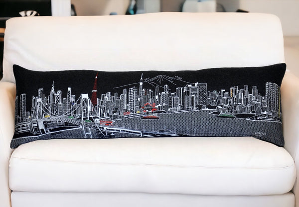 HomeRoots 46" Black Tokyo Nighttime Skyline Lumbar Pillow - Elegant Embroidered Home Décor for Chic Living Spaces 482470