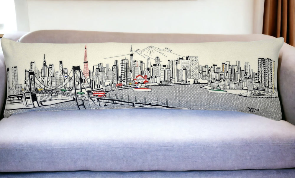 HomeRoots 46" Tokyo Daylight Skyline Lumbar Pillow - Stylish Comfort with Elegant Embroidery & Travel-Inspired Design 482471