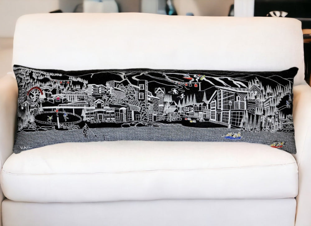 HomeRoots 46" Black Vail Nighttime Skyline Lumbar Pillow - Modern Colorado Decor with Embroidery & Comfort 482472